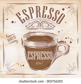 Poster coffee espresso in vintage style drawing on kraft