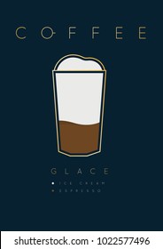 Poster coffee glace with names of ingredients drawing in flat style on dark blue background