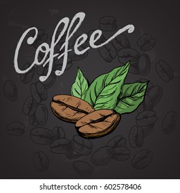 poster coffee grains and leaves in graphic style hand-drawn vector illustration.