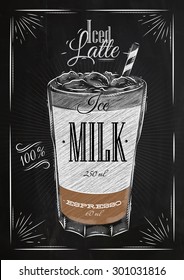 Poster coffee iced latte in vintage style drawing with chalk on the blackboard