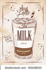 Poster coffee iced latte in vintage style drawing on kraft