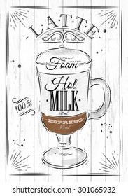 Poster coffee latte in vintage style drawing on wood background
