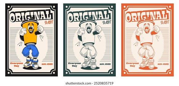 Poster with a coffee mascot, a cartoon character in the retro style of the 70s and 80s. Vector in monochrome minimalism.