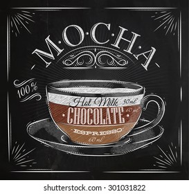 Poster coffee mocha in vintage style drawing with chalk on the blackboard