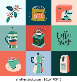 Poster for coffee shop or cafe, square block composition, modern hand drawn illustrations, vector banner with coffee maker, tools and utensils. 