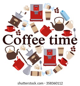 Poster Coffee Time. Cup, kettle and sugar. Vector illustration
