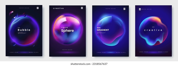 Poster collection with abstract colorful gradient sphere. Glowing vibrant liquid gradient shape on dark background. Design template for flyer, social media, banner, placard. Vector illustration