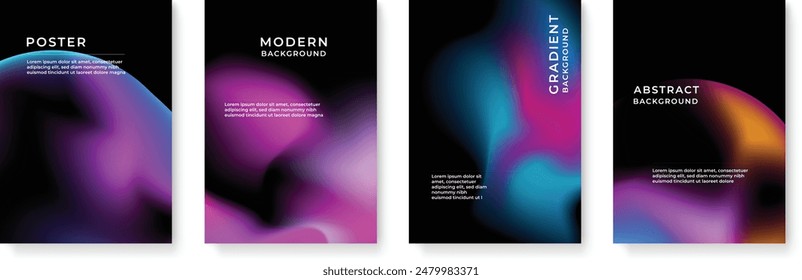 Poster collection with abstract colorful gradient sphere. Glowing vibrant liquid gradient shape on dark background. Design template for flyer, social media, banner, placard. Vector illustration