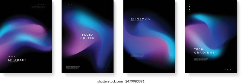 Poster collection with abstract colorful gradient sphere. Glowing vibrant liquid gradient shape on dark background. Design template for flyer, social media, banner, placard. Vector illustration