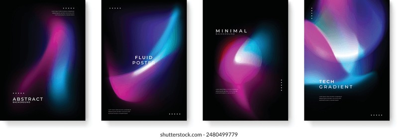 Poster collection with abstract colorful gradient sphere. Glowing vibrant liquid gradient shape on dark background. Design template for flyer, social media, banner, placard. Vector illustration