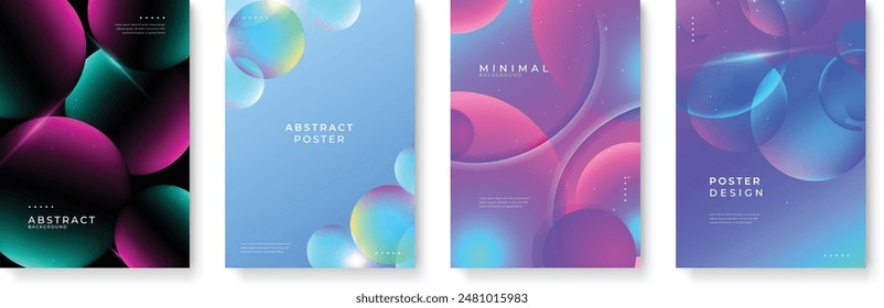 Poster collection with abstract colorful gradient sphere. Glowing vibrant liquid gradient shape on dark background. Design template for flyer, social media, banner, placard. Vector illustration