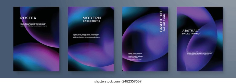 Poster collection with abstract colorful gradient sphere. Glowing vibrant liquid gradient shape on dark background. Design template for flyer, social media, banner, placard. Vector illustration