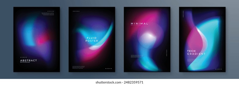 Poster collection with abstract colorful gradient sphere. Glowing vibrant liquid gradient shape on dark background. Design template for flyer, social media, banner, placard. Vector illustration