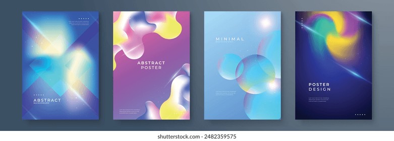 Poster collection with abstract colorful gradient sphere. Glowing vibrant liquid gradient shape on dark background. Design template for flyer, social media, banner, placard. Vector illustration
