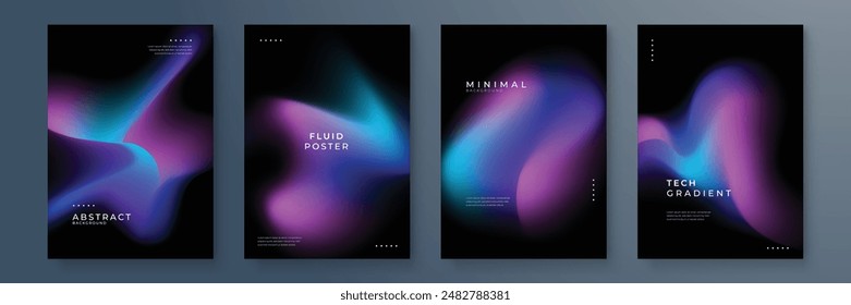 Poster collection with abstract colorful gradient sphere. Glowing vibrant liquid gradient shape on dark background. Design template for flyer, social media, banner, placard. Vector illustration