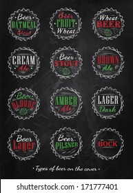 Poster collection of beer types caps in  retro style drawing with color chalk on blackboard.