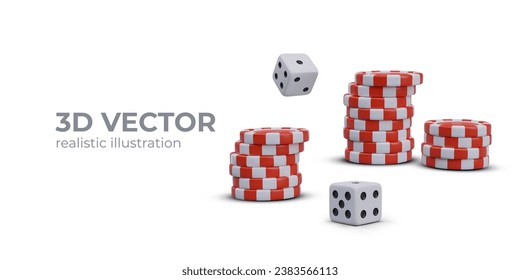 Poster with collection of red chips and game cubes. Casino concept on white background. Poker casino collection. Gambling poker website. Vector illustration in 3D style