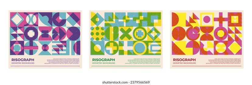 Poster collection with riso print effect. Abstract geometric shapes pattern risograph style with grain texture