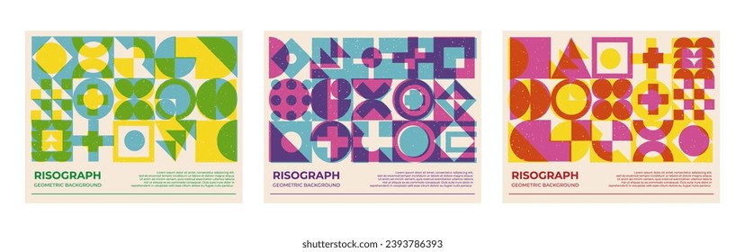 Poster collection with riso print effect. Abstract geometric shapes pattern risograph style with grain texture