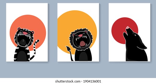 Poster collection with roar animals, tiger, lion and wolf. Modern flat poster for prints, kids greeting cards, poster, t-shirts and funny avatars. vector illustration.