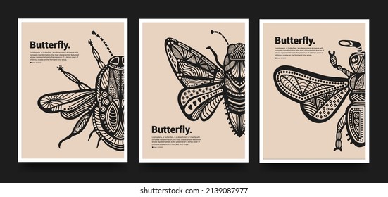 Poster collection. Vector detailed sketches of insects with patterns. Hand drawn butterflies. Set of entomological drawings. Beetle outlines for print, banner, poster, tattoo, card design.