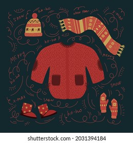 Poster collection of warm clothes. Illustration of a sweater, winter boots, scarf, hat, mittens. Winter seasonal clothing in the doodle circle. Vector illustration