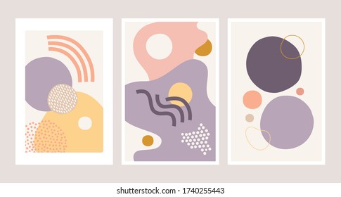 Colección de afiches con líneas onduladas, círculos, puntos, formas sobre fondo beige. La decoración es de estilo retro. Resumen de la moderna y moderna ilustración vectorial.