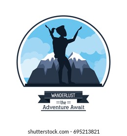 poster color silhouette of wanderlust the adventure await with climber woman celebrating at the top of mountain