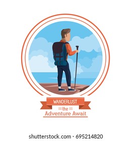 poster color of wanderlust the adventure await with climbing man at the top of the mountain