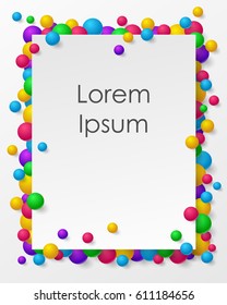 Poster with colored balls, balloons, white paper and space for text. Vector illustration. Elements for cards, banner, wedding, web, invitation, business, party.