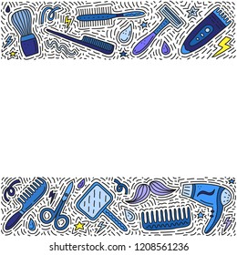 Poster with colored barber shop doodle icons with lines, swirls, symbols around.