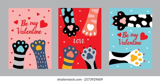 Poster with colored cat paws and hearts.Vector illustration. Cute Valentine's Day illustration. Interior poster . 