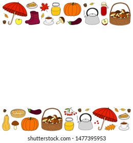 Poster with colored doodle autumn seasonal icons and space for text.