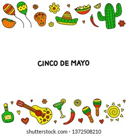 Poster with colored doodle Cinco de mayo icons on white background.