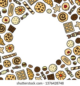Poster with colored doodle cookies, waffles and candies on white background.