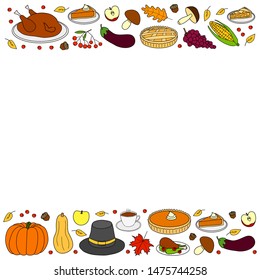 Poster with colored doodle Thanksgiving icons and space for text.