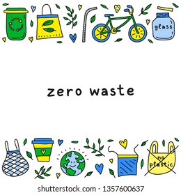 Poster with colored doodle zero waste icons on white background.