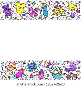 Poster with colored doodles for baby shower with lines, swirls, symbols around.