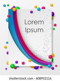 Poster with colored dust, confetti and balls, balloons, white paper and space for text, material design. Vector illustration. Elements for cards, banner, wedding, web, invitation, business, party.
