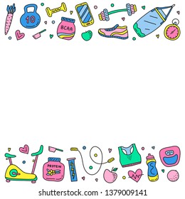 Poster with colored gym and fitness icons on white background.