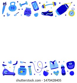 Poster with colored gym and fitness icons on white background.