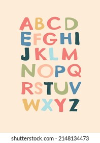 a poster with colored hand drawn latin alphabet for babies and young children - flat vector illustration