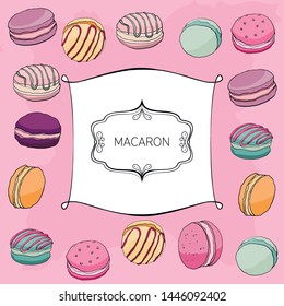 Poster with colored illustrations of macaroons. Background with food pictures and place for your text. Macaroon colored cake chocolate delicious vector