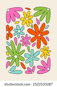 Poster with colorful abstract flowers in retro groovy style. Vector floral outline illustration. Modern contemporary psychedelic poster