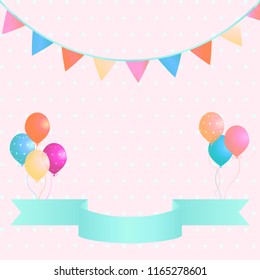 Poster with colorful balloons, pennants and ribbon on pink polka dot background. Vector illustration. Suitable for cards, banner, wedding, web, invitation, business, party.