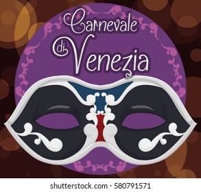 Poster with colorful colombina mask decorated beautifully over a purple label and bokeh effect in the background for the night masquerade in Venice Carnival (written in Italian).