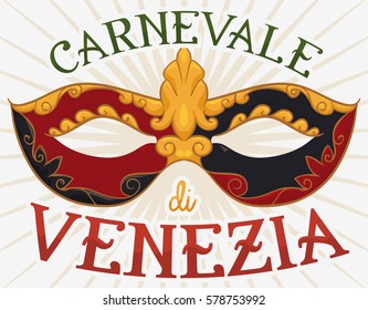 Poster with colorful colombina mask ready to be used in Carnival of Venice (in Italian: "Carnevale di Venezia") in the masquerade.