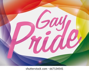 Poster with colorful conceptual rainbow flag for Gay Pride event representing the diversity of the LGBT community with greeting pink sign.