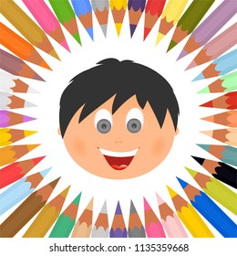 Poster with colorful crayons in a circle on a white background and with child's happy face in the middle