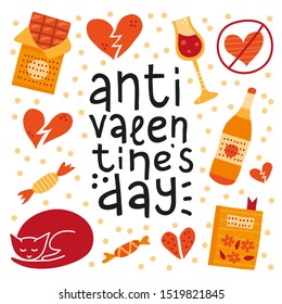 Poster with colorful doodles and lettering anti Valentine's day on white background.